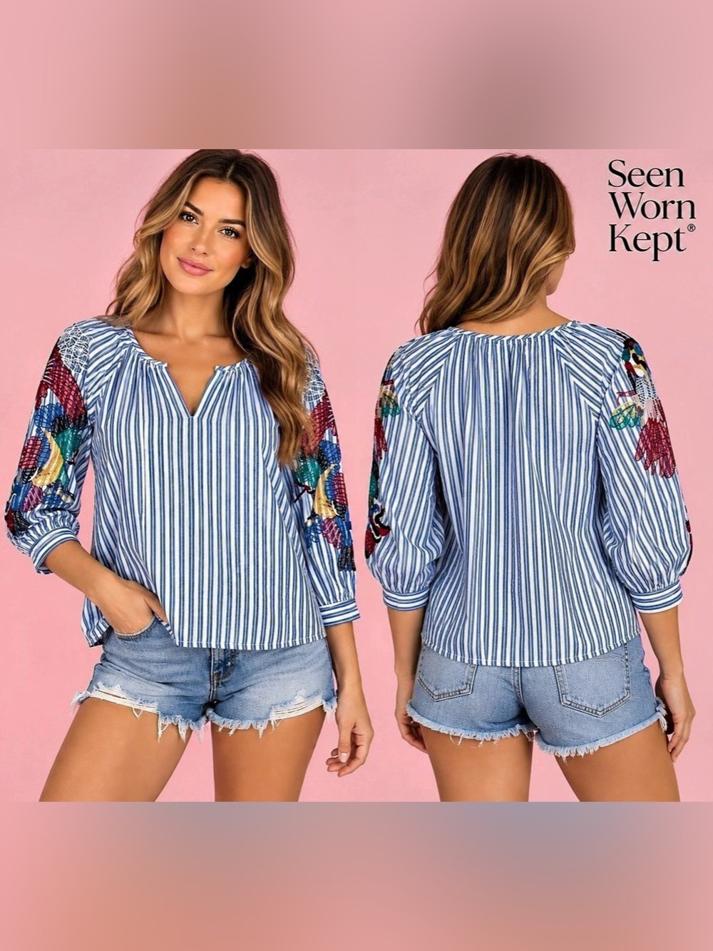 Seen Worn Kept Anthropologie Parrots of Paradise Embroidered Striped Blouse Size